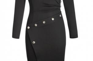 Elegáns midi ruha aszimmetrikus szoknyával és dekoratív gombokkal, KARSYN, fekete