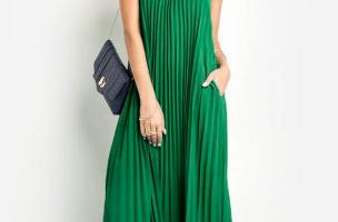 Ujjatlan maxi ruha pliszírozott anyagból, IDELLA, zöld