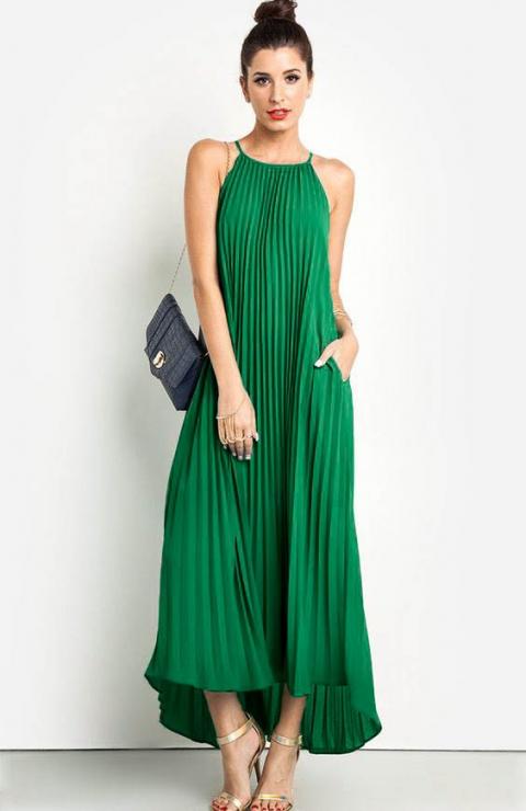 Ujjatlan maxi ruha pliszírozott anyagból, IDELLA, zöld