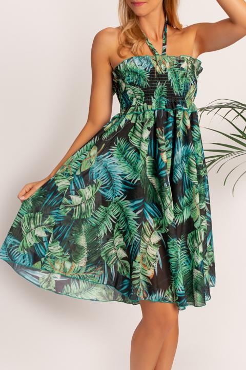 Ujjatlan nyári ruha trópusi levélmintával, CRISSOLA, zöld