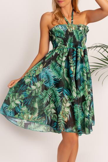 Ujjatlan nyári ruha trópusi levélmintával, CRISSOLA, zöld