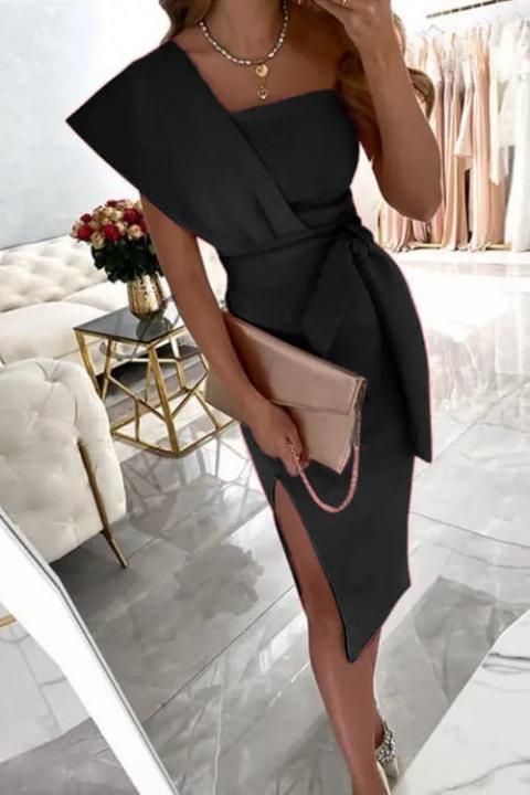 Elegáns, aszimmetrikus fazonú midi ruha dekoratív övvel, TRIONA,  fekete