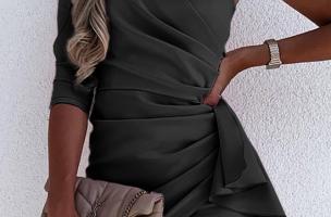 Elegáns, aszimmetrikus szabású miniruha fodrokkal, RICALETTA, fekete