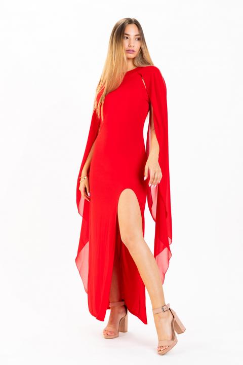 Elegáns hosszú ruha, angyalszárny hatású ujjakkal, ILEANA, piros