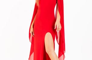 Elegáns hosszú ruha, angyalszárny hatású ujjakkal, ILEANA, piros