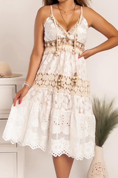 Vállpántos nyári ruha csipkével és dekoratív részletekkel, ARESSA, fehér