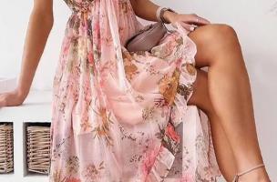 Laza, vállpántos maxi ruha virágmintával, NOALLA, világos rózsaszín