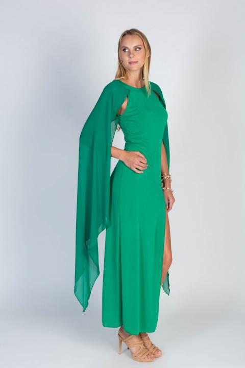 Elegáns hosszú ruha, angyalszárny hatású ujjakkal, ILEANA, zöld