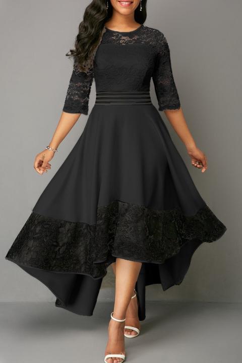 Elegáns, aszimmetrikus hosszúságú alkalmi ruha csipke részletekkel, BIANCA, fekete