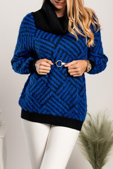 Hosszú ujjú pulóver dekoratív mintával és övvel, CORVERA, kék-fekete