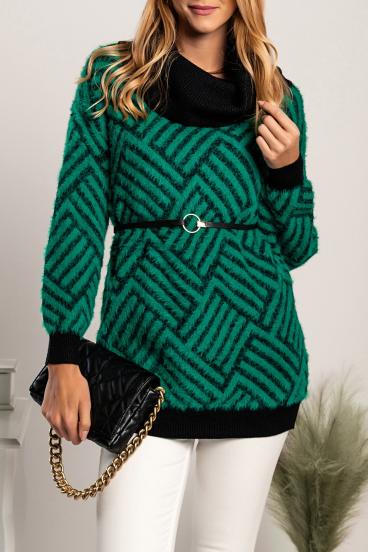 Hosszú ujjú pulóver dekoratív mintával és övvel, CORVERA, zöld-fekete