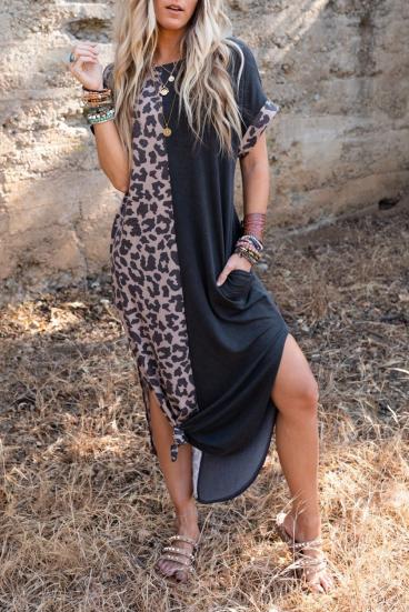 Laza szabású maxi ruha leopárdmintás részlettel,  fekete