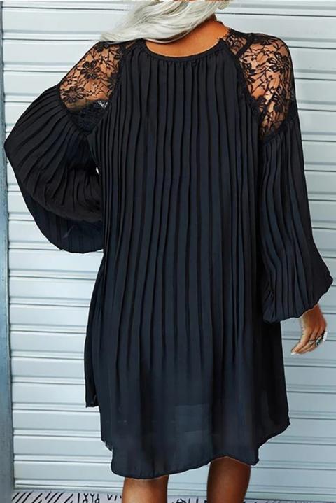 Elegáns pliszírozott miniruha hosszú, bő ujjakkal és csipke részletekkel, CREMONA, fekete
