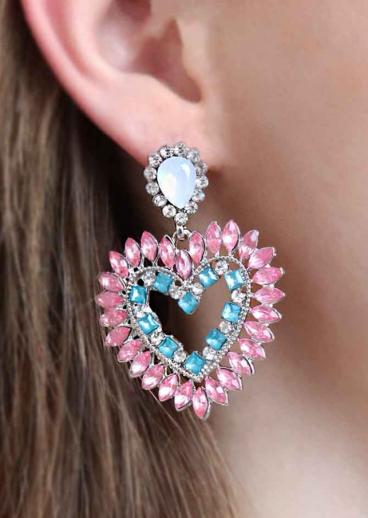 Szív alakú fülbevaló strasszkövekkel, rózsaszín