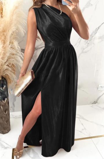 Elegáns maxi ruha aszimmetrikus nyakkivágással, fekete
