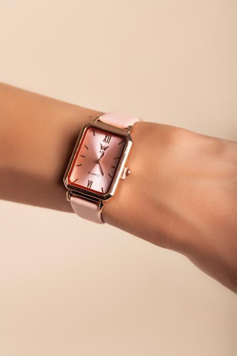 Téglalap alakú óra műbőr szíjjal, világos rózsaszín