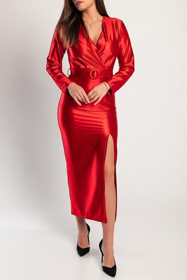 Elegáns, szatén hatású midi ruha mély dekoltázzsal és dekoratív övvel, piros