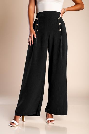 Elegáns hosszú nadrág magas, rugalmas derékkal és dekoratív gombokkal, fekete