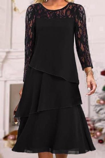 Elegáns midi ruha csipke ujjakkal és dekoratív fodrokkal, fekete