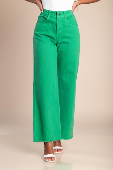 Pamut nadrág eldolgozatlan szegélyű, széles szárakkal, zöld