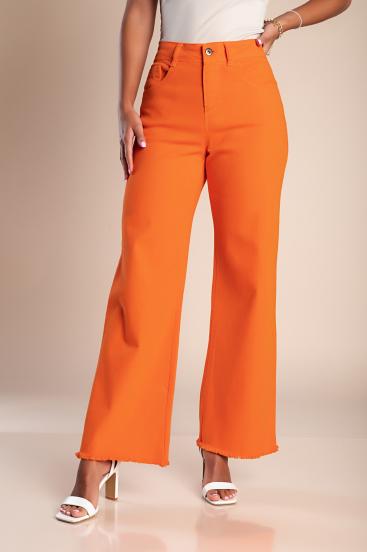 Pamut nadrág eldolgozatlan szegélyű, széles szárakkal, narancssárga