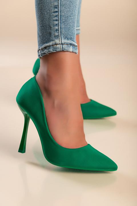 Magas sarkú, szatén hatású cipő, zöld