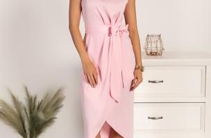 Elegáns, aszimmetrikus midi ruha dekoratív övvel, LAVISA, világos rózsaszín
