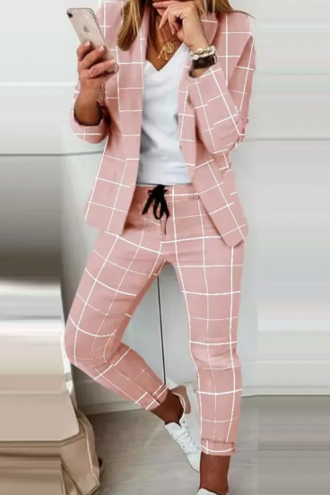 Sportos nadrágkosztüm kockás mintával, ESTRENA, világos rózsaszín - fehér