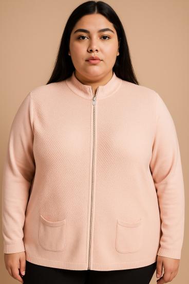 Plus size kötött kardigán cipzárral, világos rózsaszín