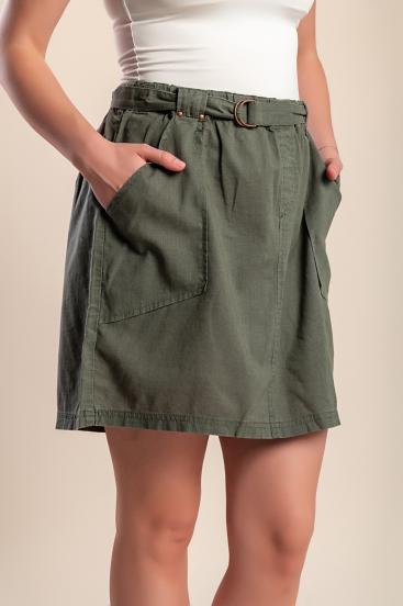 Plus size lenvászon miniszoknya, olajzöld