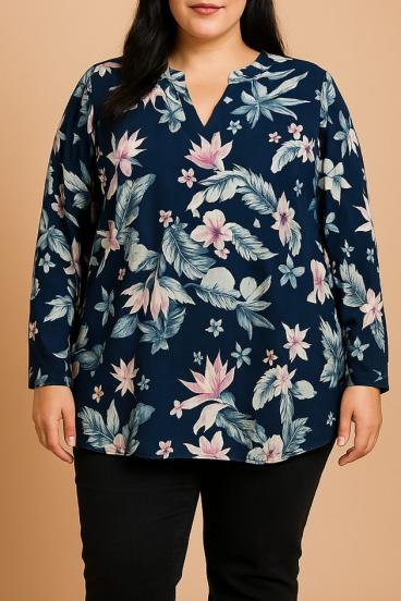Plus size blúz virágmintával, sötétkék