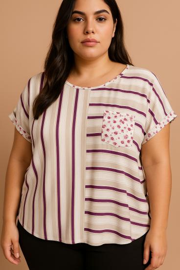 Plus size felső csíkos mintával, bézs