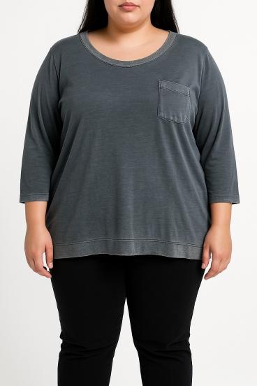 Plus size pamut póló díszített zsebbel, szürke