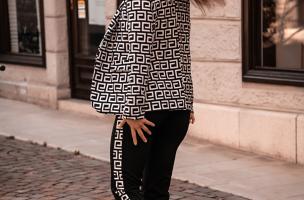 Sportos nadrágkosztüm geometrikus mintával, NUNZIA, fekete-fehér