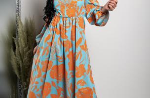 Hosszú ujjú maxi ruha dekoratív mintával, MONTELLA, narancssárga