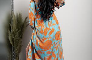 Hosszú ujjú maxi ruha dekoratív mintával, MONTELLA, narancssárga