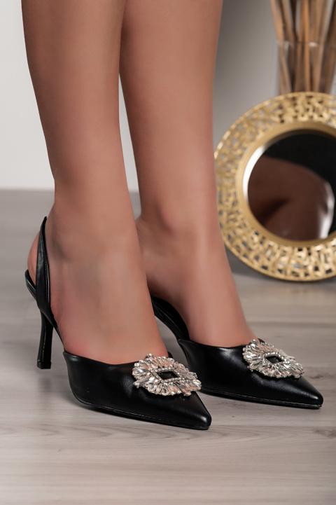 Hátul nyitott, magas sarkú cipő dekoratív részlettel, fekete