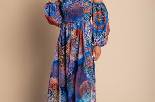 Hosszú ujjú maxi ruha dekoratív mintával, MONTELLA, kék