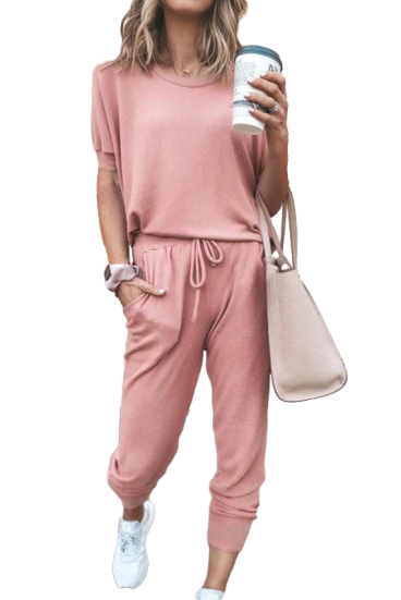 Pamut szabadidőruha rövid ujjú felsővel és hosszú nadrággal, ATLANA, rózsaszín